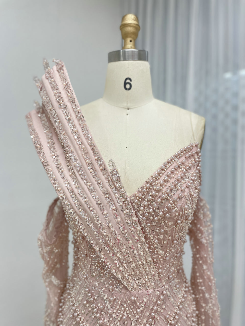 One-Shoulder Asymmetric Sleeve Formal Dress Beaded Geometric Mermaid Prom MY30139