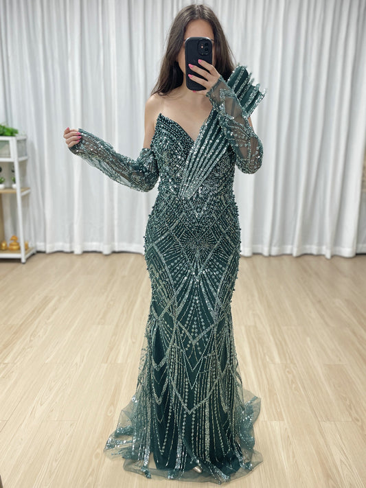 One-Shoulder Asymmetric Sleeve Formal Dress Beaded Geometric Mermaid Prom MY30139