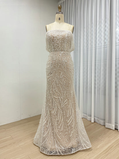 Luxury Strapless Pearl Beaded Mermaid Evening Dress Ivory Tulle Gown for Prom MY30140