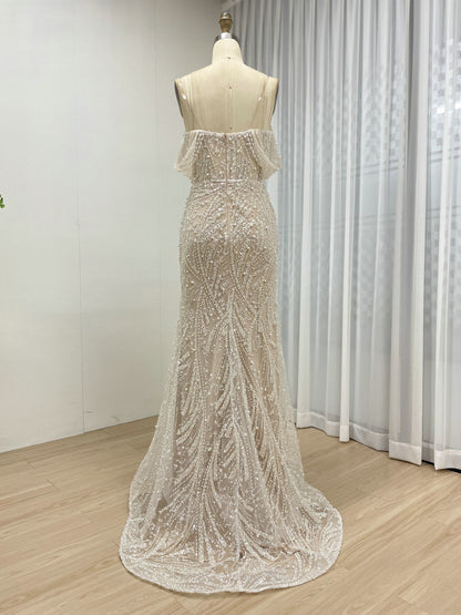 Luxury Strapless Pearl Beaded Mermaid Evening Dress Ivory Tulle Gown for Prom MY30140