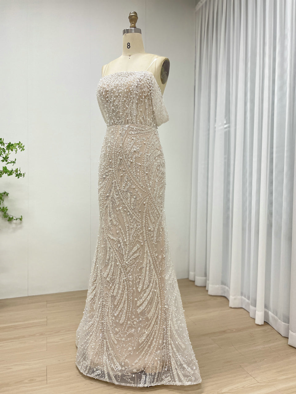 Luxury Strapless Pearl Beaded Mermaid Evening Dress Ivory Tulle Gown for Prom MY30140