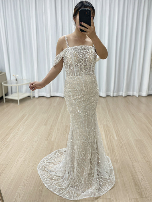 Luxury Strapless Pearl Beaded Mermaid Evening Dress Ivory Tulle Gown for Prom MY30140