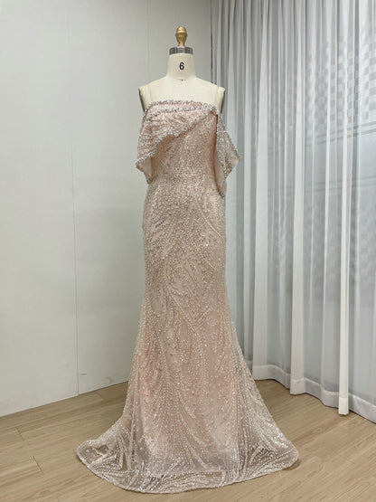 Blush Pink Off-Shoulder Beaded Mermaid Evening Dress Luxury Pearl Embellish MY30141