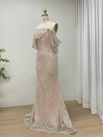 Blush Pink Off-Shoulder Beaded Mermaid Evening Dress Luxury Pearl Embellish MY30141