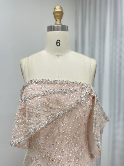 Blush Pink Off-Shoulder Beaded Mermaid Evening Dress Luxury Pearl Embellish MY30141
