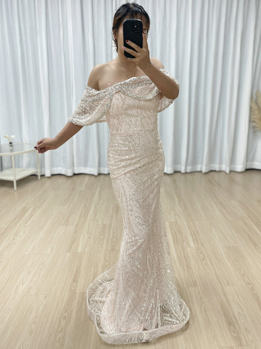 Blush Pink Off-Shoulder Beaded Mermaid Evening Dress Luxury Pearl Embellish MY30141
