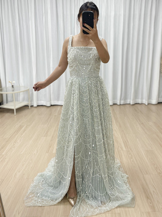 Mint Beaded Spaghetti Strap A-Line Evening Gown with Matching Gloves MY30142