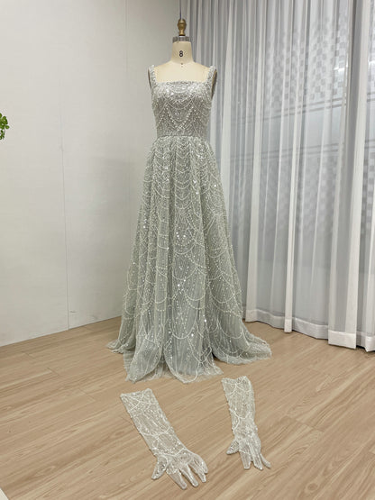 Mint Beaded Spaghetti Strap A-Line Evening Gown with Matching Gloves MY30142