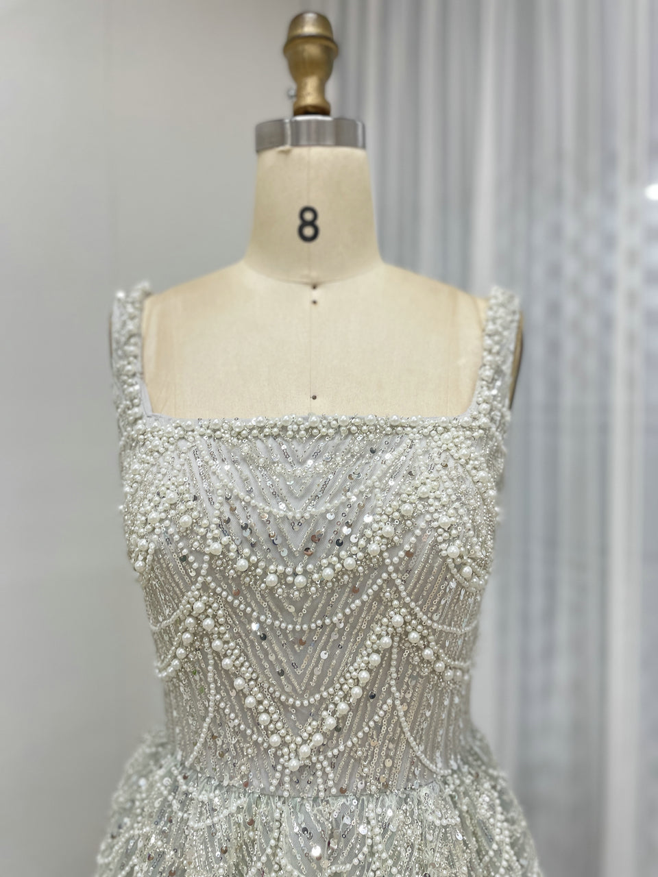 Mint Beaded Spaghetti Strap A-Line Evening Gown with Matching Gloves MY30142