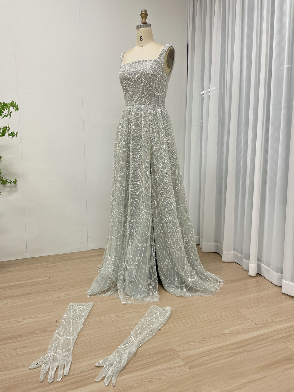 Mint Beaded Spaghetti Strap A-Line Evening Gown with Matching Gloves MY30142