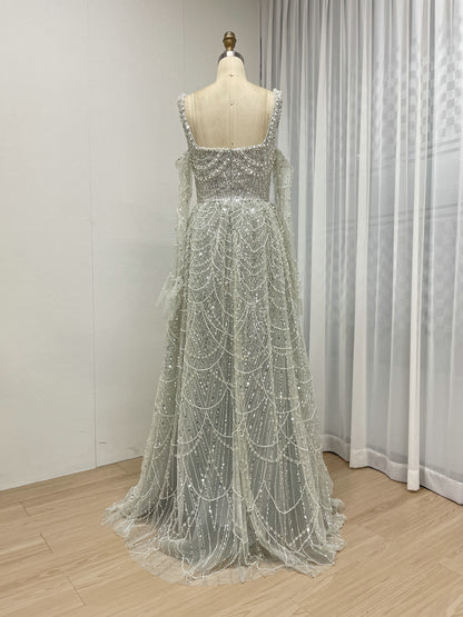 Mint Beaded Spaghetti Strap A-Line Evening Gown with Matching Gloves MY30142