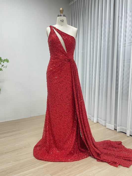 Sparkle Red One Shoulder Mermaid Dress Drape Train Wedding MY30143
