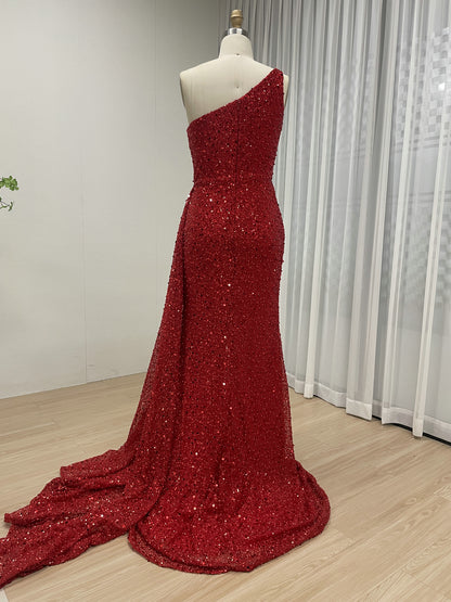 Sparkle Red One Shoulder Mermaid Dress Drape Train Wedding MY30143