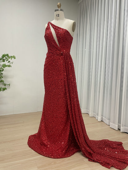 Sparkle Red One Shoulder Mermaid Dress Drape Train Wedding MY30143