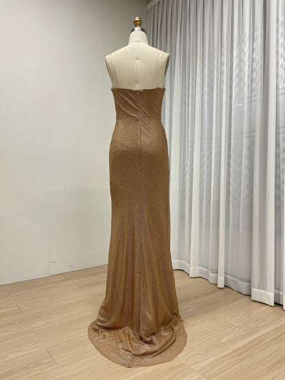 Sparkling Gold Sweetheart Neck Evening Gown High Leg Slit Gathered Fabric Mermaid Fit Banquet Dress for Events MY30145