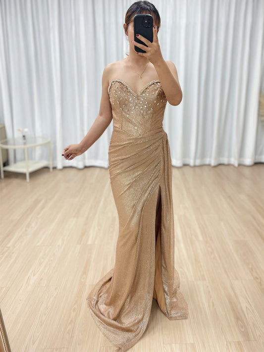 Sparkling Gold Sweetheart Neck Evening Gown High Leg Slit Gathered Fabric Mermaid Fit Banquet Dress for Events MY30145