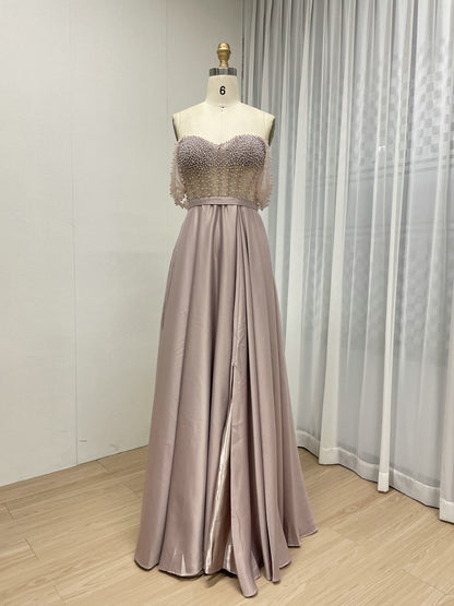 Pink Strapless Beaded Bodice A-Line Evening Dress Satin Skirt Formal Prom MY30150
