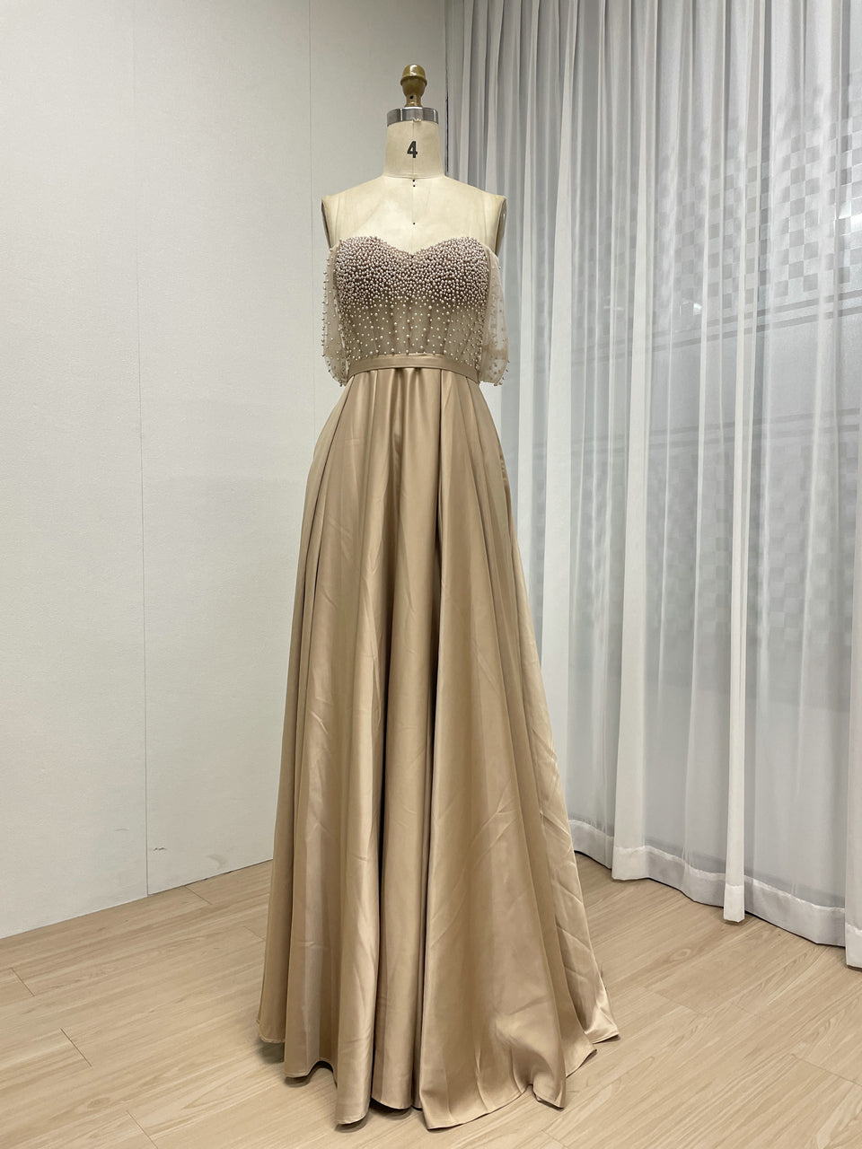 Pink Strapless Beaded Bodice A-Line Evening Dress Satin Skirt Formal Prom MY30150