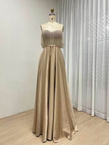 Pink Strapless Beaded Bodice A-Line Evening Dress Satin Skirt Formal Prom MY30150