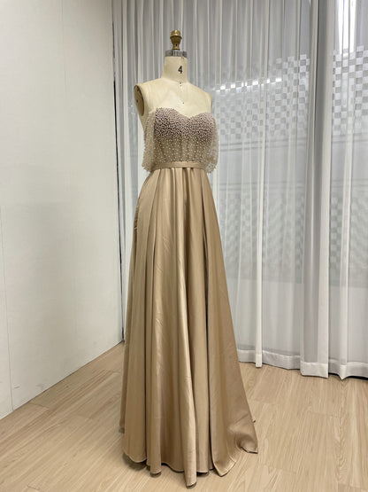 Pink Strapless Beaded Bodice A-Line Evening Dress Satin Skirt Formal Prom MY30150