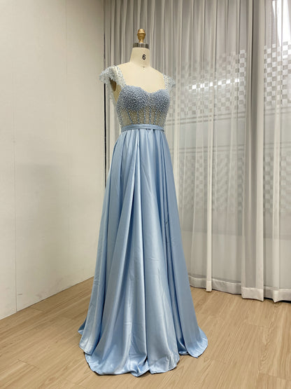 Pink Strapless Beaded Bodice A-Line Evening Dress Satin Skirt Formal Prom MY30150