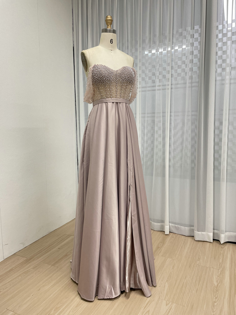 Pink Strapless Beaded Bodice A-Line Evening Dress Satin Skirt Formal Prom MY30150