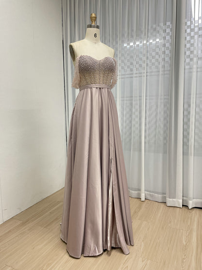 Pink Strapless Beaded Bodice A-Line Evening Dress Satin Skirt Formal Prom MY30150