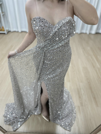 Sparkling Silver Sequin Strapless Slit Evening Gown Glamorous Formal Dress MY30152