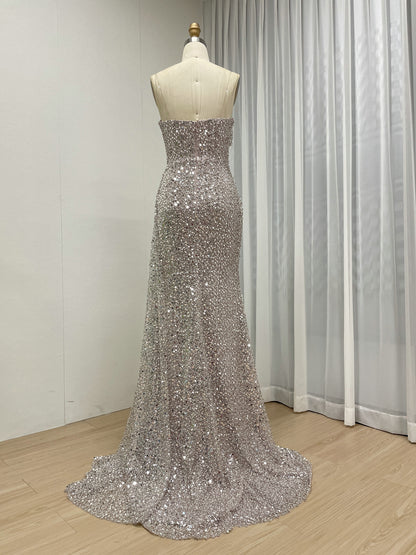 Sparkling Silver Sequin Strapless Slit Evening Gown Glamorous Formal Dress MY30152