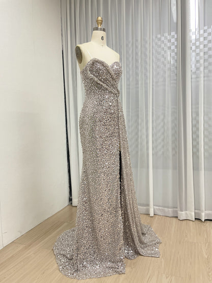 Sparkling Silver Sequin Strapless Slit Evening Gown Glamorous Formal Dress MY30152
