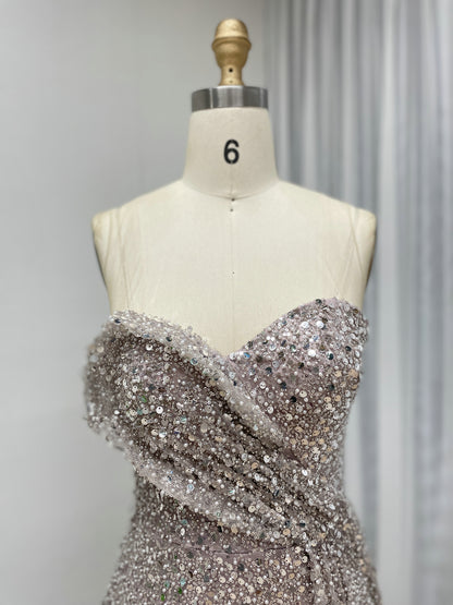 Sparkling Silver Sequin Strapless Slit Evening Gown Glamorous Formal Dress MY30152