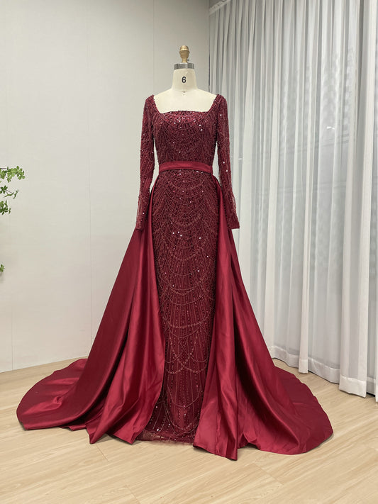 Glamorous Crystal Embroidered Long Sleeve Evening Gown Square Neck Overskirt Dramatic Train MY30153