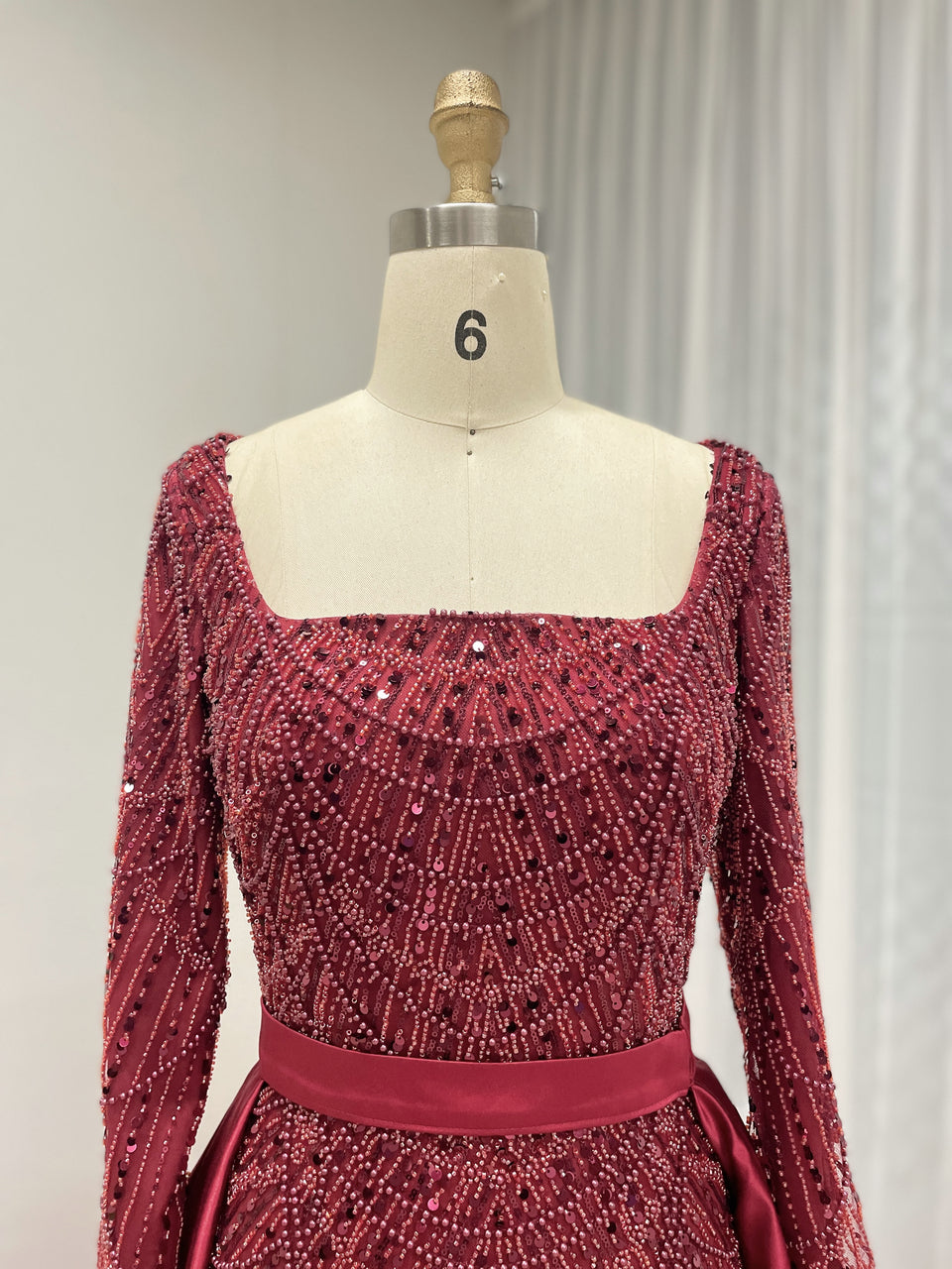 Glamorous Crystal Embroidered Long Sleeve Evening Gown Square Neck Overskirt Dramatic Train MY30153