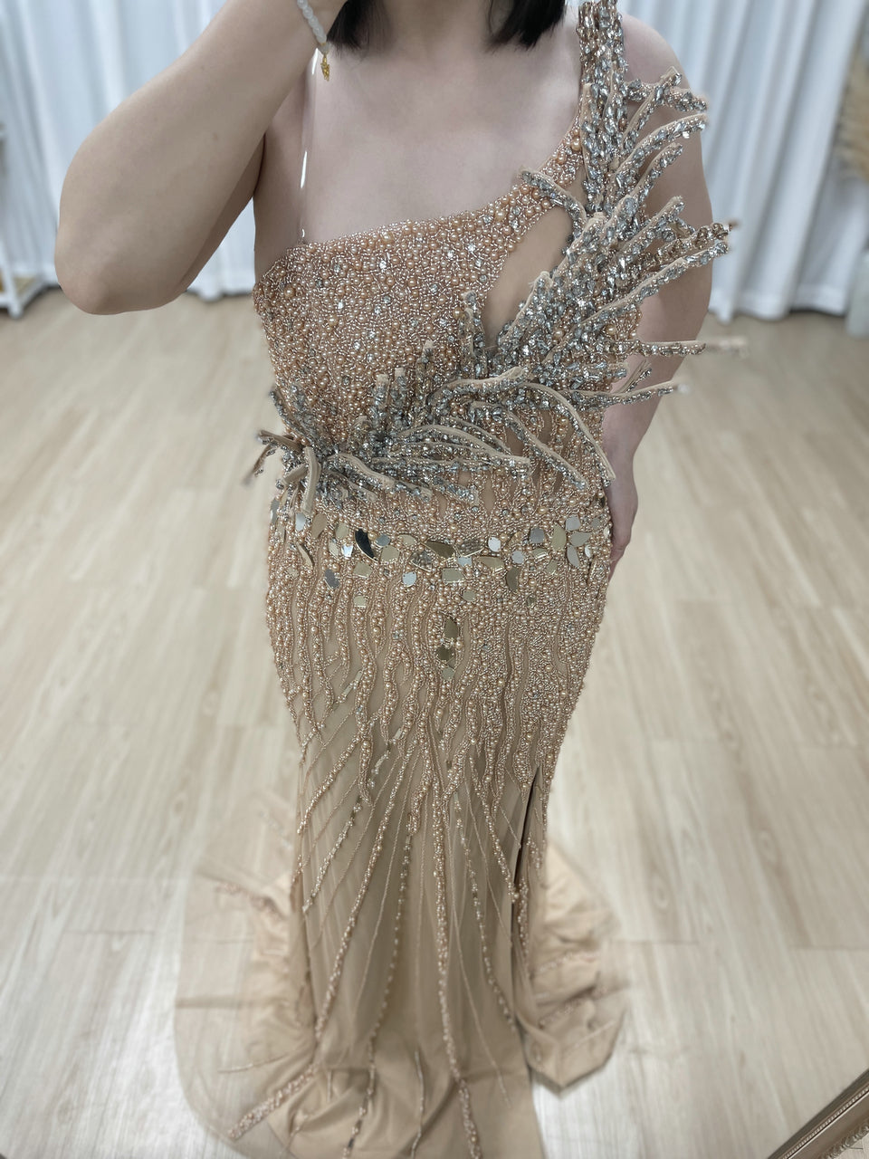 Stunning Champagne Prom Dress with Flower Accent Slit Skirt Beadwork Elegance MY30154