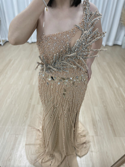 Stunning Champagne Prom Dress with Flower Accent Slit Skirt Beadwork Elegance MY30154