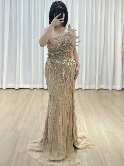 Stunning Champagne Prom Dress with Flower Accent Slit Skirt Beadwork Elegance MY30154