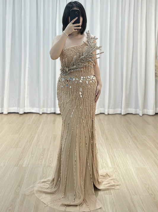 Stunning Champagne Prom Dress with Flower Accent Slit Skirt Beadwork Elegance MY30154
