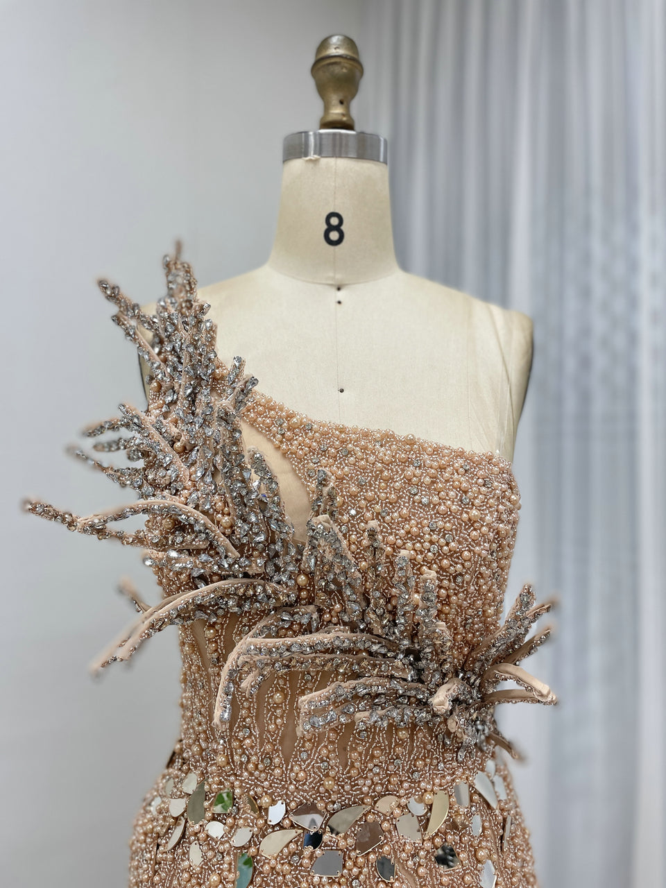 Stunning Champagne Prom Dress with Flower Accent Slit Skirt Beadwork Elegance MY30154