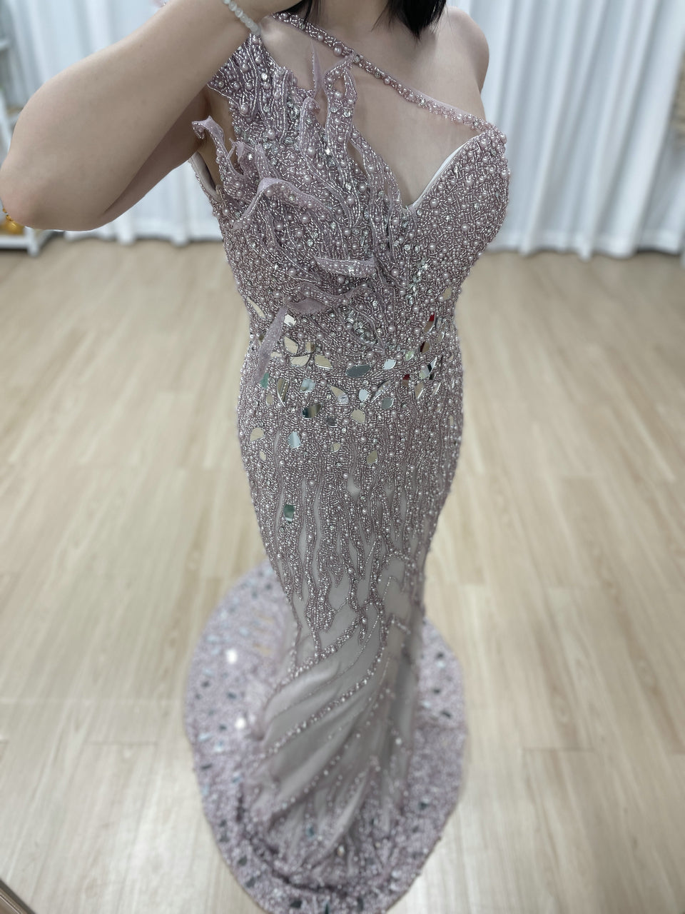 Sparkling Pink Evening Gown with One-Shoulder Asymmetrical Neckline MY30155