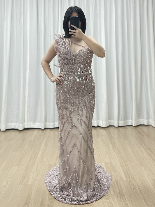 Sparkling Pink Evening Gown with One-Shoulder Asymmetrical Neckline MY30155