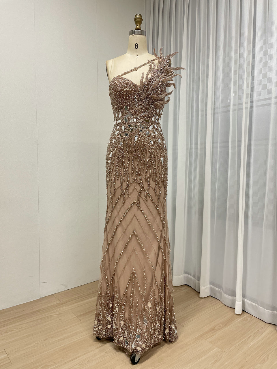 Sparkling Pink Evening Gown with One-Shoulder Asymmetrical Neckline MY30155