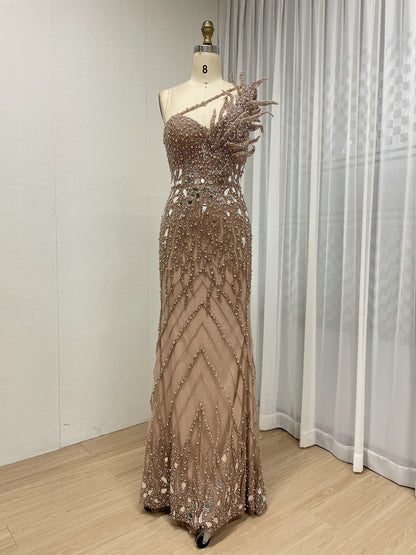 Sparkling Pink Evening Gown with One-Shoulder Asymmetrical Neckline MY30155