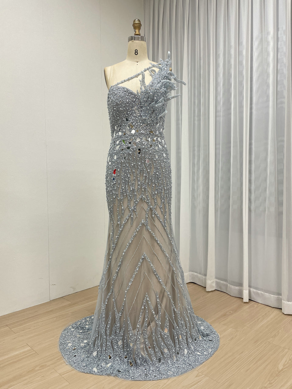 Sparkling Pink Evening Gown with One-Shoulder Asymmetrical Neckline MY30155