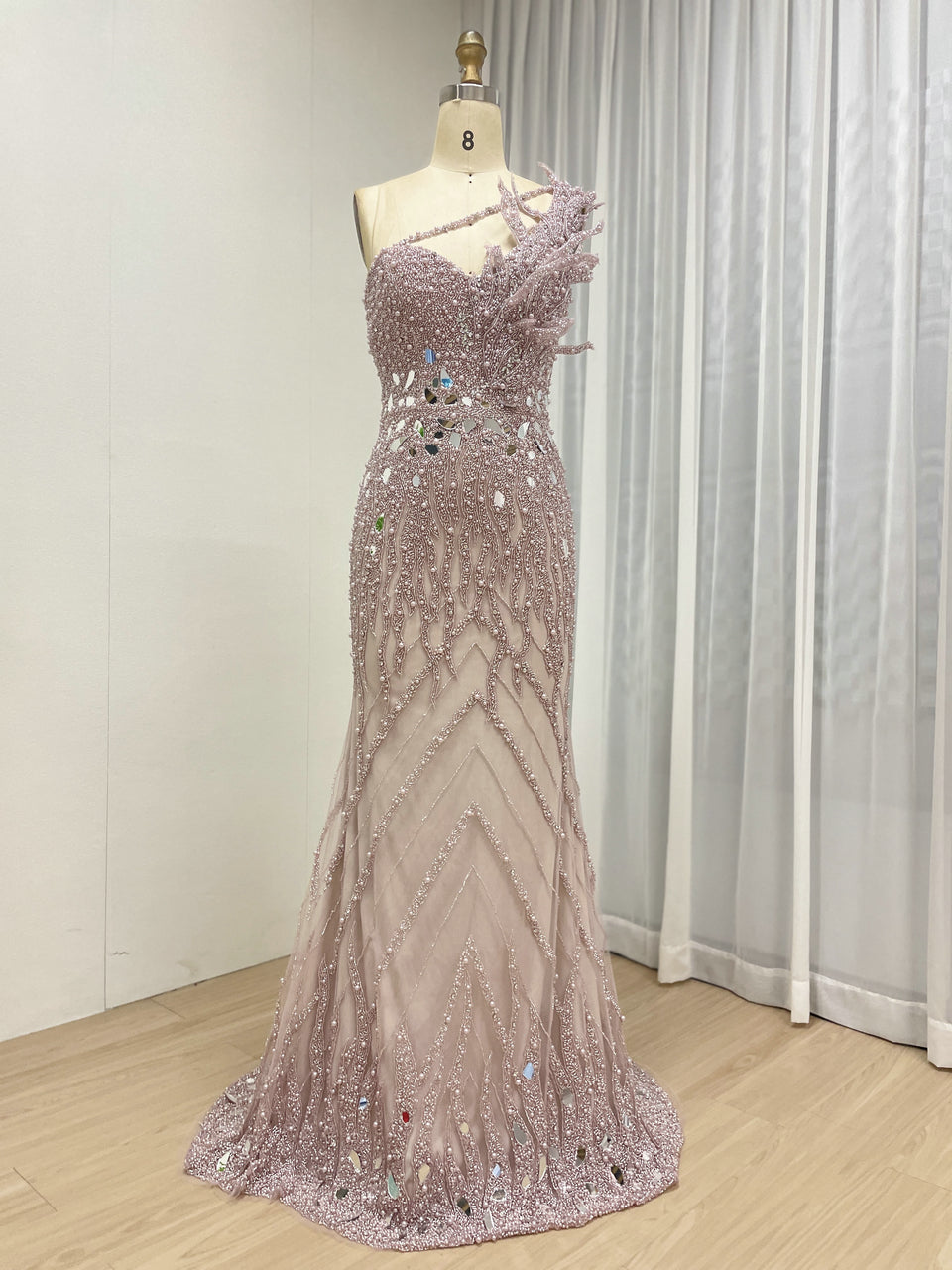 Sparkling Pink Evening Gown with One-Shoulder Asymmetrical Neckline MY30155