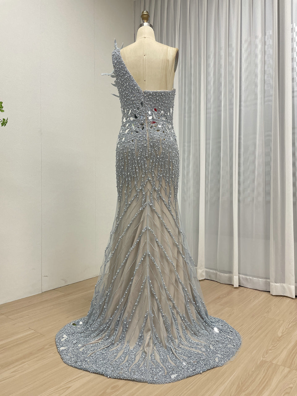 Sparkling Pink Evening Gown with One-Shoulder Asymmetrical Neckline MY30155