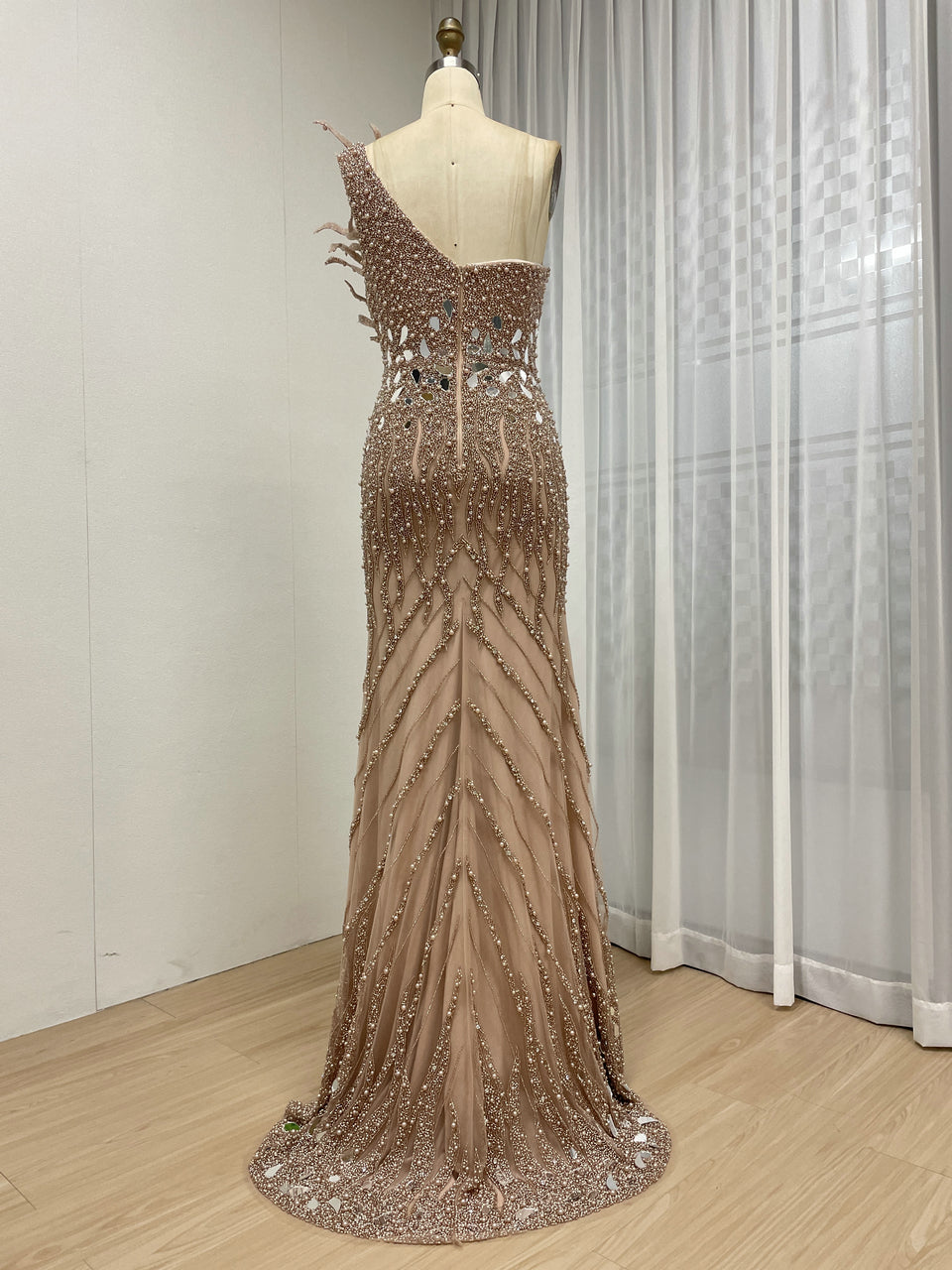 Sparkling Pink Evening Gown with One-Shoulder Asymmetrical Neckline MY30155
