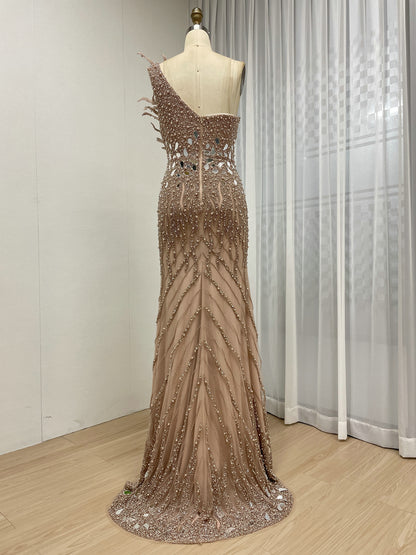 Sparkling Pink Evening Gown with One-Shoulder Asymmetrical Neckline MY30155