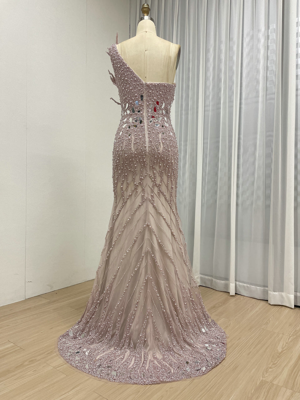 Sparkling Pink Evening Gown with One-Shoulder Asymmetrical Neckline MY30155