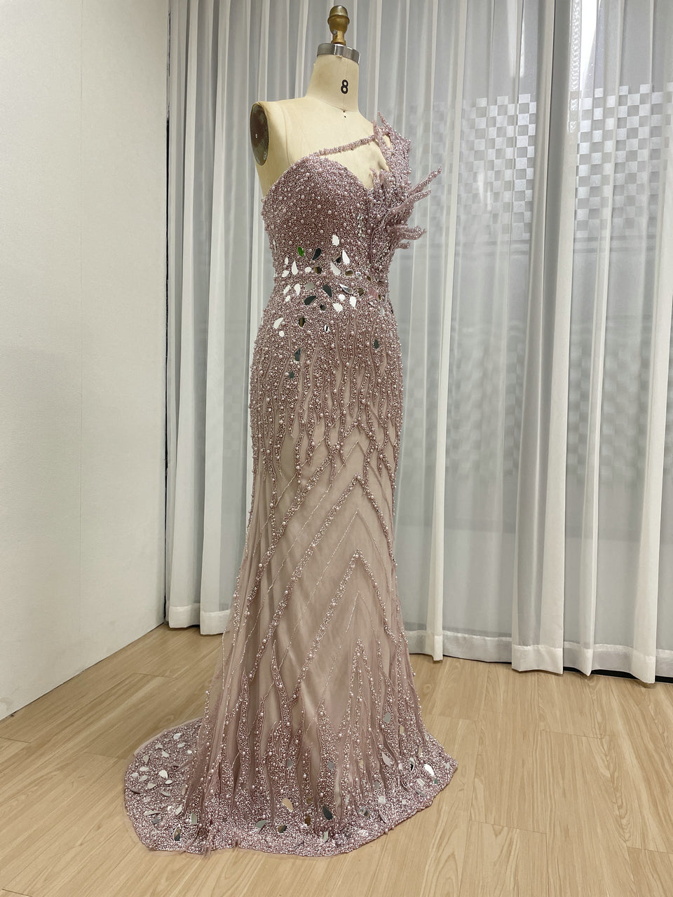 Sparkling Pink Evening Gown with One-Shoulder Asymmetrical Neckline MY30155