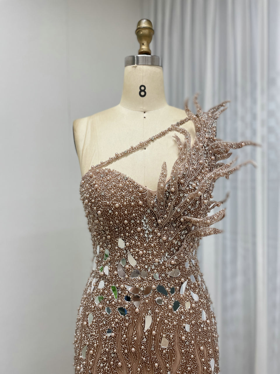Sparkling Pink Evening Gown with One-Shoulder Asymmetrical Neckline MY30155